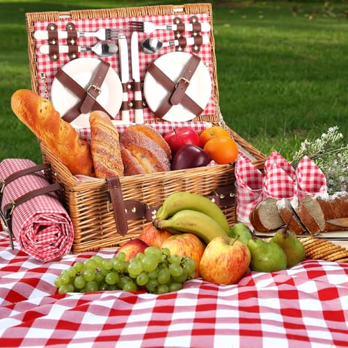 Neti Neti Wicker Picnic Basket for 4 with Insulated Cooler & Waterproof Blanket – Large Willow Picnic Hamper for Outdoor, ...