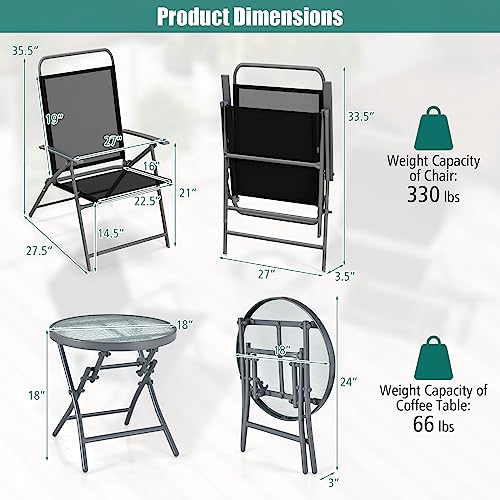 Tangkula 3 Piece Patio Folding Chair Set, Outdoor Metal Conversation Set w/Coffee Table, Extra-Large Seat, Stable Metal Fr...