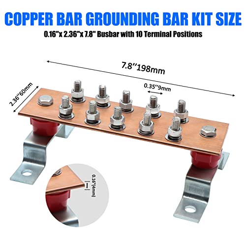 ELECTRAPICK Wall Mounted Copper Grounding Bar Kit, Copper Bus Bar 0.16"x 2.36"x 7.8" Ground Bus Bar with 10 Terminal Posit...