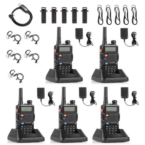 [5 Packs] Baofeng UV-5R Two Way Radio Dual Band 144-148/420-450Mhz Walkie Talkie with 1800mAh Li-ion Battery, Programming Cable, Headset, Belt Clip, Hand Strap, Desktop Charger (Black)