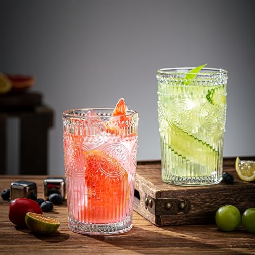 Claplante Vintage Highball Glasses, Set of 8 Glass Drinking Glasses, 13.5 oz Durable Drinkware Cups for Cocktails, Water, ...