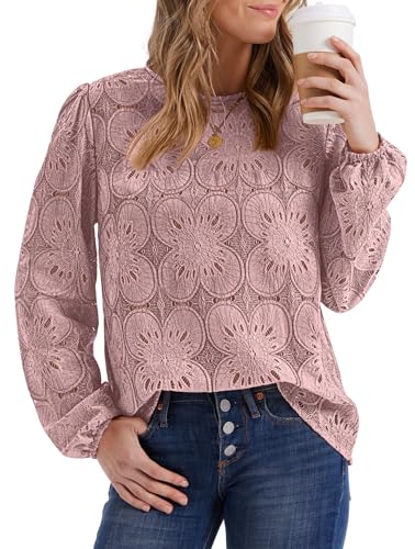 OFEEFAN Blouses for Women Dressy Casual Spring Tops 2026 Summer Outfits Flower Lace Crochet Long Sleeve Shirts