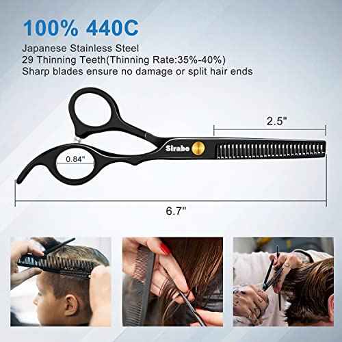 Sirabe 10 PCS Hair Cutting Scissors Set, Professional Haircut Scissors Kit with Cutting Scissors, Thinning Shears, Comb, Cape, Clips, Black Hairdressing Texturizing Shears Set for Barber, Salon, Home