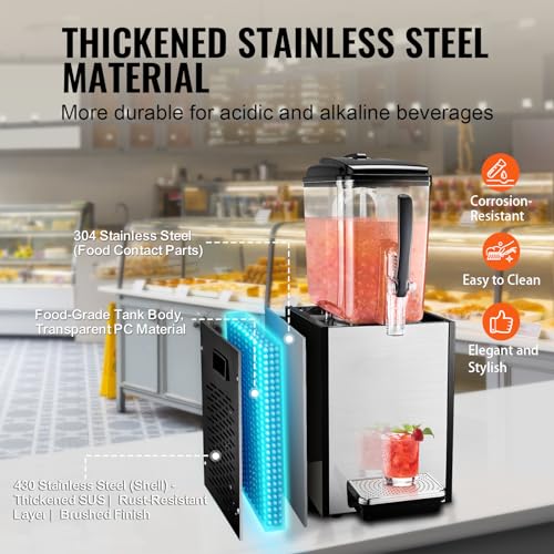 VEVOR Commercial Beverage Dispenser, 12 L / 12.7 QT Juice Dispenser, 246W 304 Stainless Steel Food Grade Ice Tea Drink Mac...