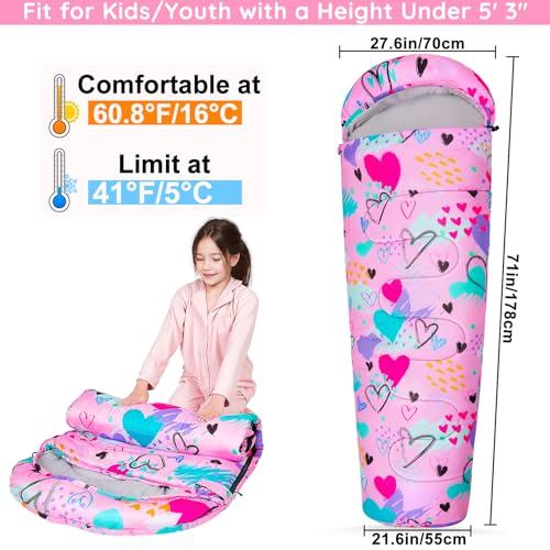 FIOBEE Kids Sleeping Bag for Girls Boys 3 Season Warm & Cool Weather Youth Camping Sleeping Bags with Backpacking Bag Wate...