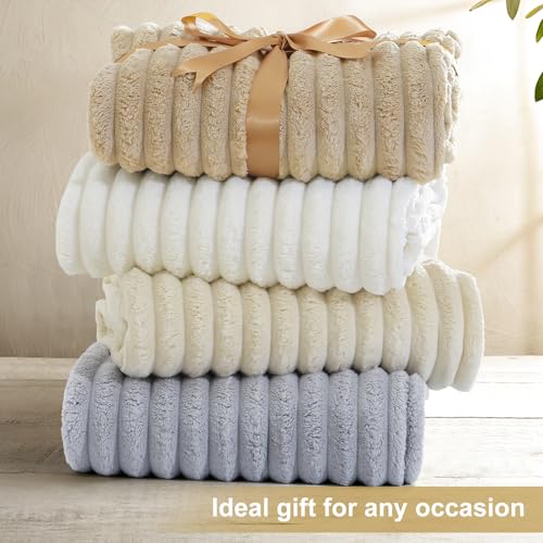 decorUhome Soft Fleece Light Brown Throw Blanket for Couch, Cozy Fluffy Plush Flannel Striped Blanket for Sofa Bed, Lightw...