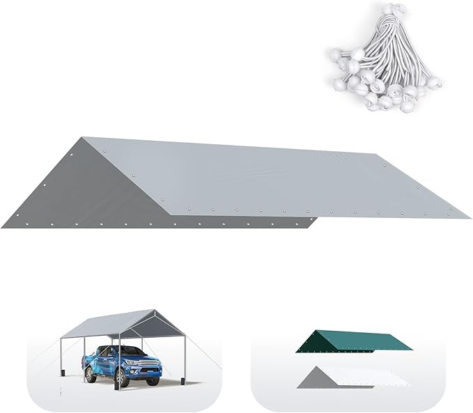 Quictent Carport Replacement Tarp Canopy Top Cover with Bungees Balls, for 10x20 ft Garage Party Tent Shelter - Gray, One ...