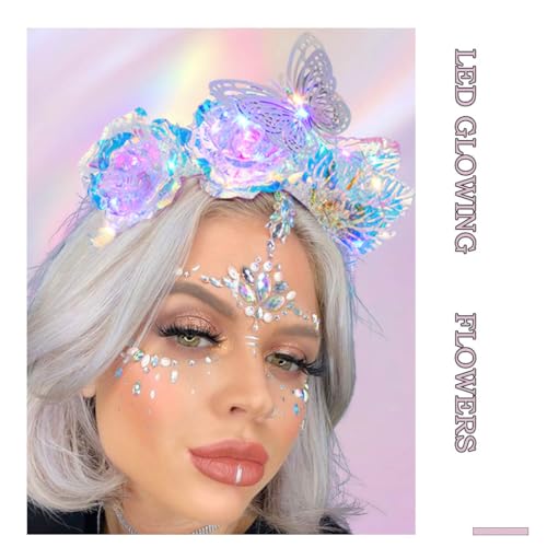 Aceorna Light Up Laser Flower Headbands LED Butterfly Hair Bands Glitter Rave Costume Hair Accessories for Women