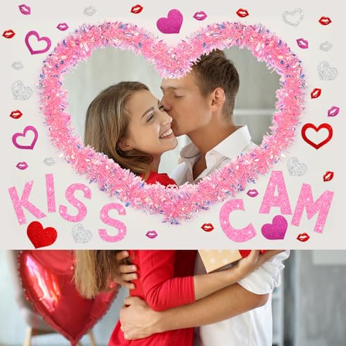 JarThenaAMCS 8 Pcs Valentine's Day Photo Booth Props Set Pink Heart Shape Kiss Cam Large Picture Frame DIY Cutouts Selfie ...