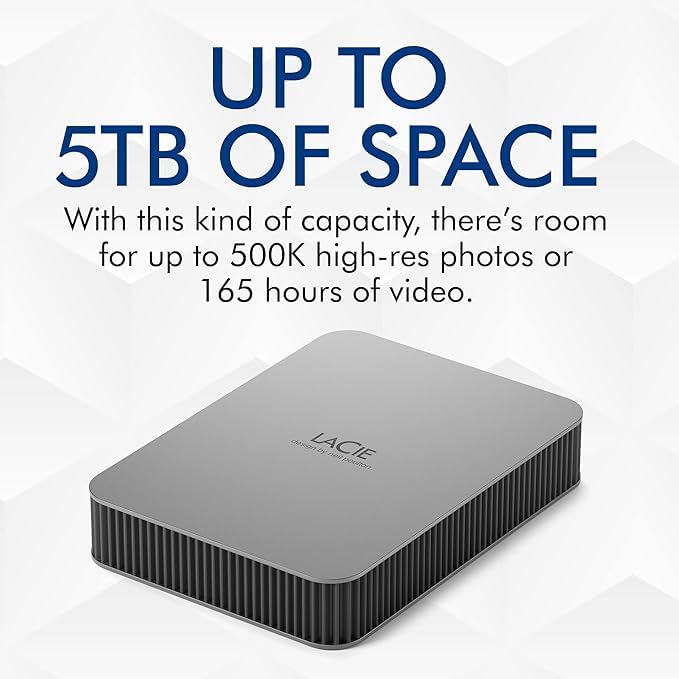 Lacie Mobile Drive 4Tb External Hard Drive Portable Hdd - Moon Silver, Usb-C 3.2, For Pc And Mac, Post-Consumer Recycled, With A
