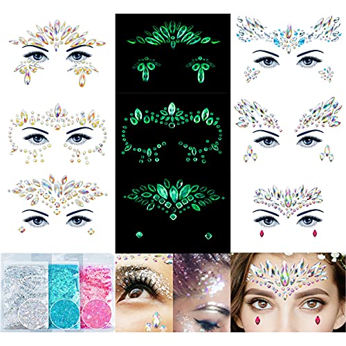 Face Gems 6 Sheets Face Jewels Stick On Rhinestones Stickers 30g Chunky Glitter, Gemstones Temporary Tattoo For Women, Fes...