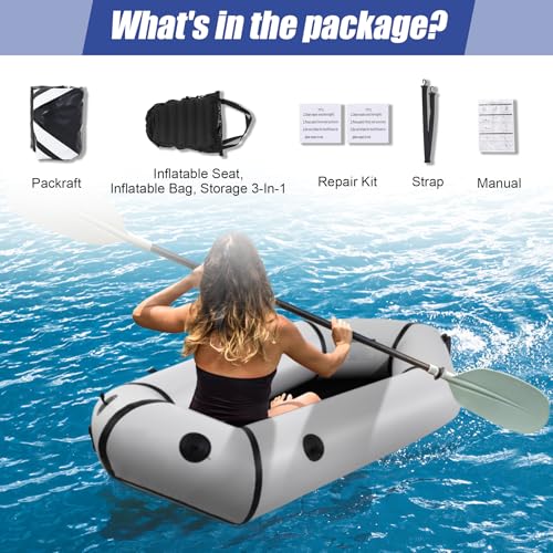 Oryxearth TPU Packraft, Lightweight Inflatable Travel Kayak with Soft Seat for Adults Kids - 1 Person Packraft in Flat Riv...