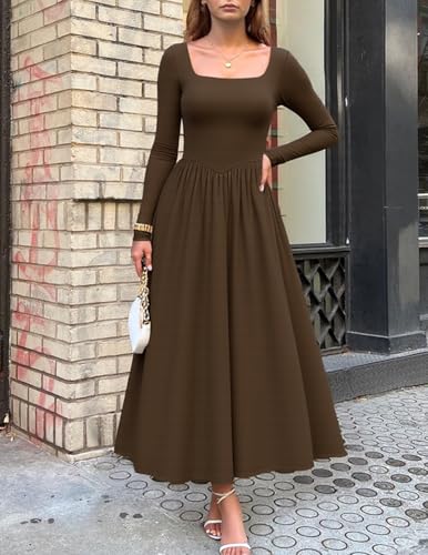 ZESICA Spring Dresses for Women 2026 Elegant Classy Square Neck Long Sleeve Flowy Wedding Guest Party Midi Dress