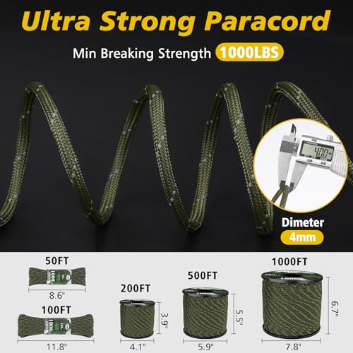 X XBEN Paracord Reflective 1000lb, 50/100/200/500/1000ft 4mm, 13 Strand Paracord Rope, Tactical Parachute Cord for Campin...