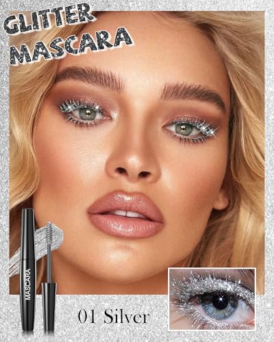 Silver Glitter Mascara for Eyelashes, Waterproof Diamond Sparkle Colored Mascara Volume and Length, Washable Define Long L...