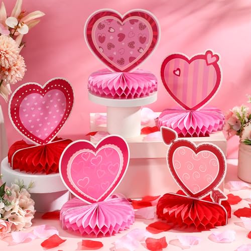 Containlol 12 Pcs Valentine's Day Honeycomb Centerpieces Valentines Table Decorations 3D Paper Red Pink Heart Valentine Ta...