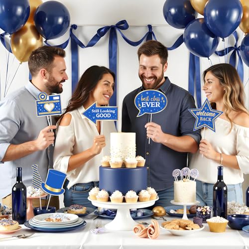 JOYMEMO 24Pcs Class Reunion Photo Booth Props, Blue Gold Best Class Ever Welcome Back Party Decorations, Reunion Party Pho...