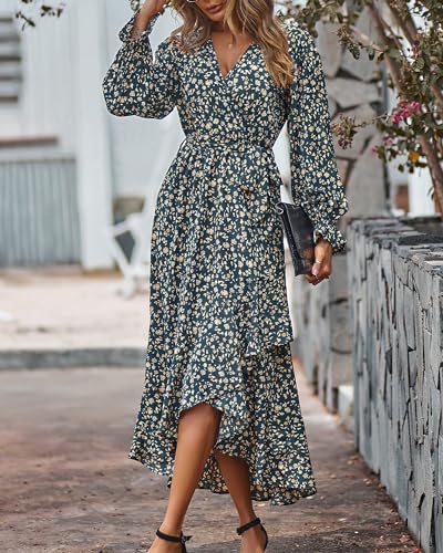 BTFBM Womens Dresses Spring Clothes 2026 V Neck Floral High Waist Ruffle Wedding Guest Cocktail Boho Long Sleeve Dress