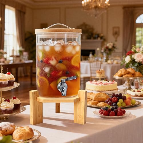 2 Gallon Drink Dispenser,Glass Beverage Dispenser With Wood Stand,Large Water Drink Dispensers for Parties with Anti-block...