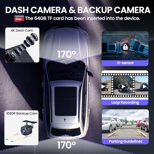 TECXERLLON 9.0'' Wireless Carplay Screen for Car with 4K Dash Cam & 1080P Backup Camera, Touchscreen Car Stereo with Carpl...