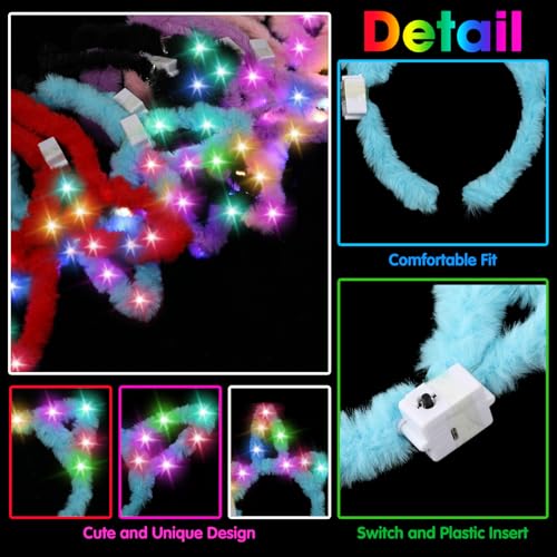 Honoson 30 Pcs LED Light up Glasses Cat LED Cute Headband Cat Ears Sunglasses Glow in the Dark Party Supplies (Long-pile)