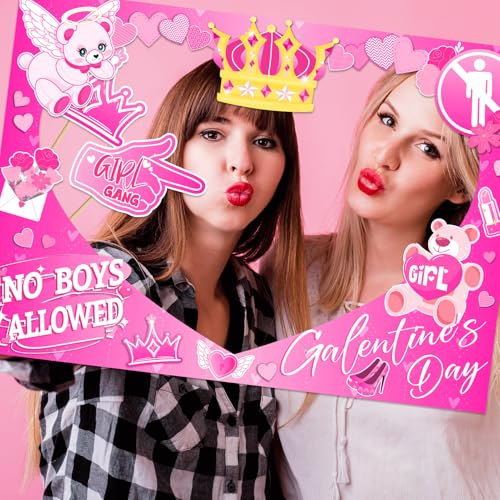 Happy Galentines Day Photo Booth Props Kit, Galentines Day Photo Prop Frame&24 PCS Selfie Photo Booth Accessories with “Ha...