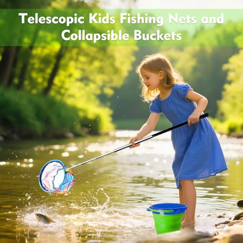 2PCS Kids Fishing Nets with Bucket - Telescoping Handle Retractable Landing Net Lightweight Aluminum Pole for Catch and Re...