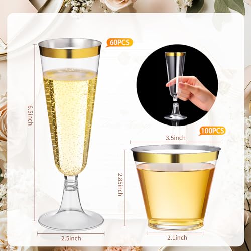 Potchen 160 Pack Champagne Flute and Clear Plastic Cup, 60 Pcs 5 oz Champagne Wine Glasses Disposable 100 Pcs 9 oz Hard Dr...