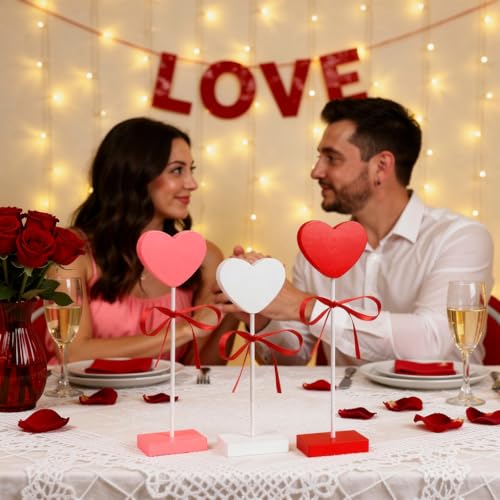 GITMIWS 3 Pieces Valentines Day Decorations, Wooden Heart Valentines Day Table Centerpiece, Romantic Tiered Tray Decor Set...