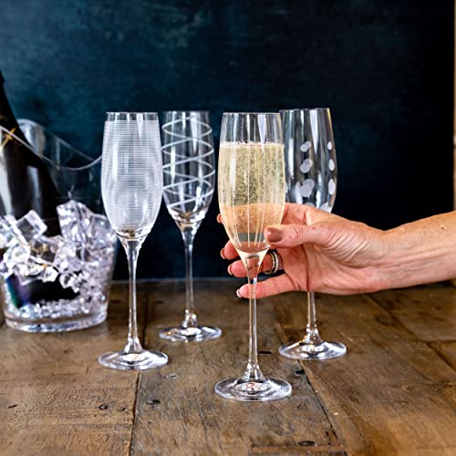 Mikasa Cheers Crystal Champagne Flutes Set, 4 Piece, Champagne Glasses with Quirky Designs, 250ml, White