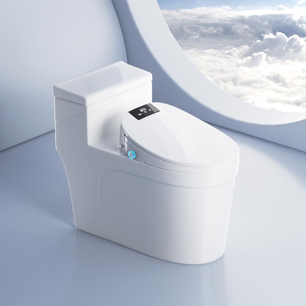 XCQQ Electric Bidet Toilet Seat with Remote, Heated Toilet Seat, Instant Warm Water, Warm Air Dryer, Rear & Feminine with Oscillating Cleansing, Night Light, Slow Close Lid, LED Display - Round