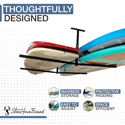 StoreYourBoard Standup Paddleboard and Surfboard Ceiling Storage Rack, Adjustable Garage Mount Hanger, Heavy Duty