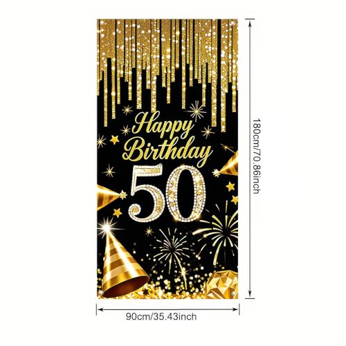 HOMETITUTE 50th Birthday Door Cover 71x35 Inch Black and Gold Birthday Banner for Party Decorations Diamond Number Backdro...