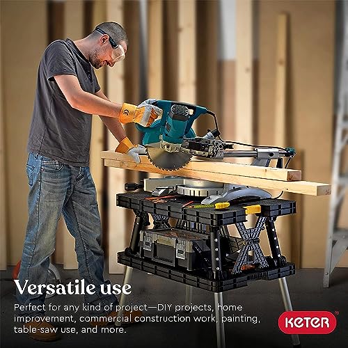 Keter Folding Work Table, Portable Workbench w/ 12" Clamps for Garage/Wood Shop - Heavy-Duty and All-Weather for DIY Home ...