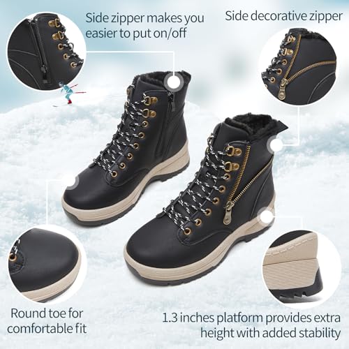 Adokoo Boots for Women Waterproof Fall Winter Ankle Boots Snow Platform Black Boots with Side Zipper Lace Up Non Slip for ...