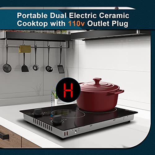 Karinear 110v Electric Cooktop 2 Burners, 12'' Electric Stove Top with Plug in, Knob Control Countertop & Built-in Ceramic...
