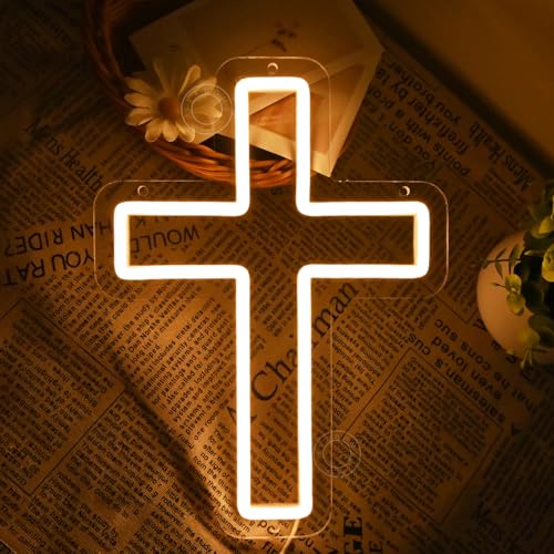 SYLHOME Cross Led Neon Light Sign Kids Bedroom Nursery Wall Sign Decor Christening Baby Shower Wedding Birthday Party Back...