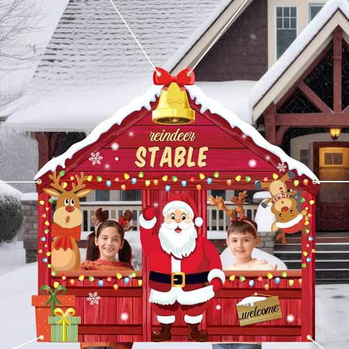 Christmas Reindeer Stable Photo Booth Santa Claus Party Background Christmas Elk Reindeer Hanging Sign Backdrop Xmas Holid...