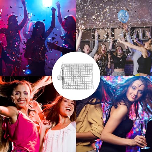 JDRGJTH 6 Pack Disco Cosmetics Bag, Makeup Bag, Portable Silver Sequins Glitter Mirror Foil Zipper Handbag with Disco Acce...