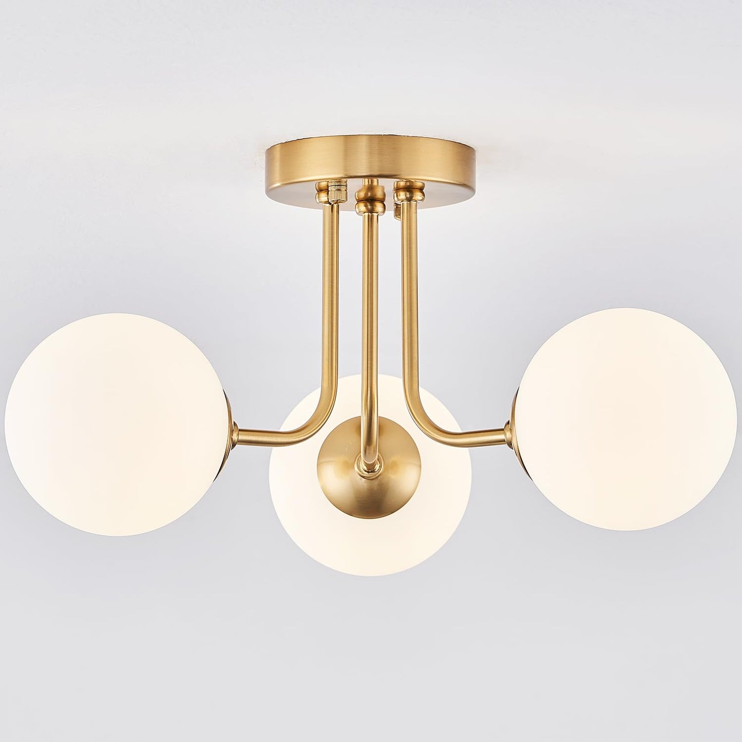 Hoengles Modern Semi Flush Mount Ceiling Light,Globe Milk Glass Shade Brushed Brass Finish Ceiling Light 3-Light with Ceramic Base,Sputnik Chandeliers for Bedroom Hallway Dining Room Lighting Fixture