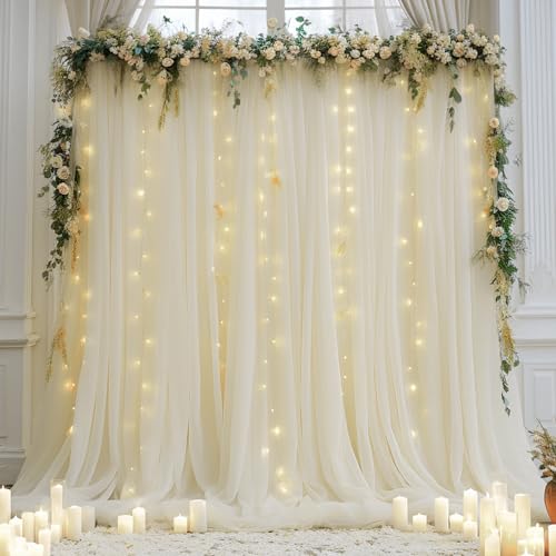 10ft x 10ft Ivory Backdrop Curtain with Lights String for Parties, Sheer Tulle Wedding Photo Backdrops Drapes for Baby Sho...