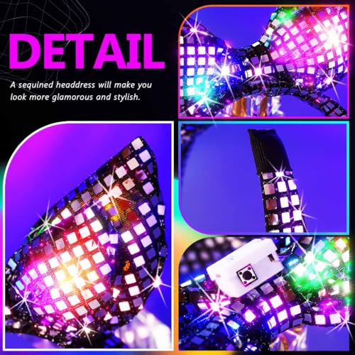 GENBREE Light Up Bow Headband Silver Led Disco Hair Band Glowing Rave Party Costume Hair Accessories for Women