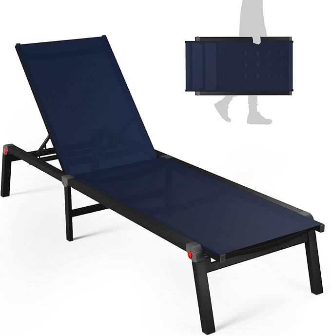 Aluminum Chaise Foldable Patio Lounge Chair Outdoor, Deck Lounger Adjustable 5-Position Recliner Pool Chase Breathable Full Flat Outside Sun Tanning Chairs for Beach/Poolside/Lawn(Navy Blue, 1Pack)