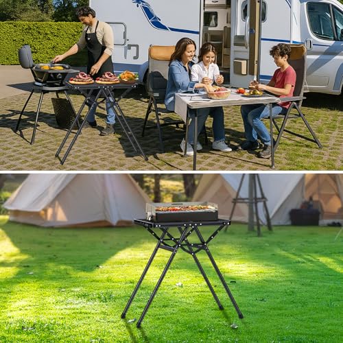 GARLLEN Folding Grill Table, Portable Camping Table with Heat-Resistant Mesh Tabletop, 3 Adjustable Height Aluminum Cookin...