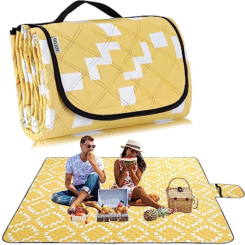 BGJOY Waterproof Sandproof Travel Blanket, Large Yellow Picnic Mat for 2-4 Adults, Lightweight Beach Blankets with Carry S...