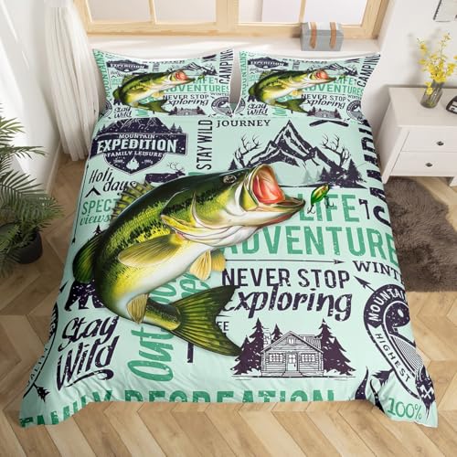 Fishing Adventure Duvet Cover Set Twin, Summer Camping Bedding Set 2pcs for Kids Teens Adults Room Decor,Black Sketch Farm...