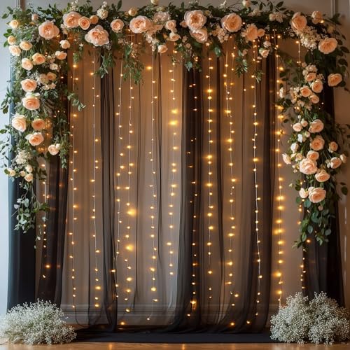 10x10ft Black Tulle Backdrop Curtains with Lights String for Parties,Wrinkle Free Sheer Curtain with Lights Wedding Photo ...