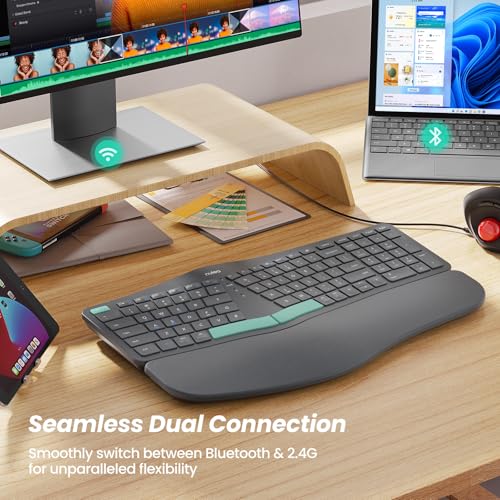 Nulea Wireless Ergonomic Keyboard, Split Keyboard with Cushioned Wrist Rest, USB and Bluetooth Connectivity, USB-C Recharg...