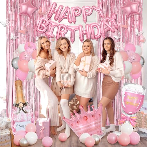 Amandir Pink Birthday Decorations for Women Girls, Silver Pink Confetti Foil Balloons Happy Birthday Banner Butterfly Frin...