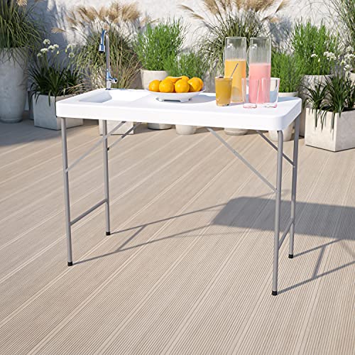 Flash Furniture Wesley 4' Portable Fish Cleaning Table with Sink, Outdoor Portable Folding Camping Sink Table with Faucet,...